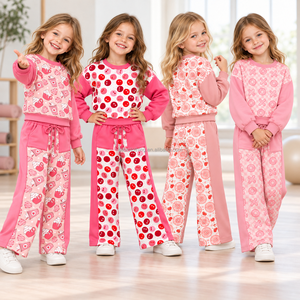 Conjunto de Yoga de 2 Piezas para Niñas, Top de Manga Larga con Cuello Redondo Acanalado y Pantalones Anchos con Paneles Laterales en Contraste, Venta al Por Mayor, MOQ Bajo - Product Image 1