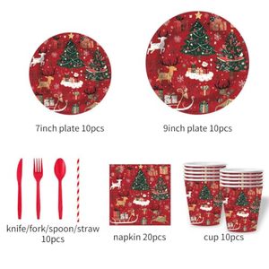 <b>Christmas</b> Disposable Tableware Set Paper & Plastic <b>Plates</b> Napkins Cups Straws Cutlery Red Holiday Design Party Supplies - Product Image 5