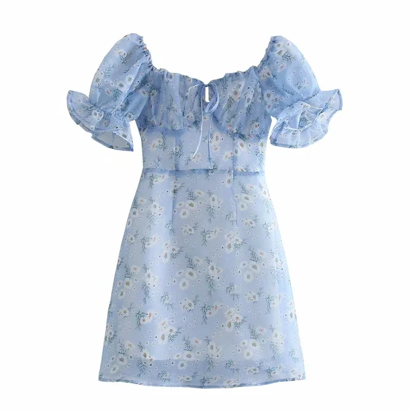 Light blue color floral print square collar short sleeve ladies summer cute casual mini dress