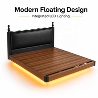Lit Queen Size Moderne Minimaliste Flottant en Cuir Rembourré avec Bande LED, Cadre en Bois Massif, Meuble de Chambre Personnalisable