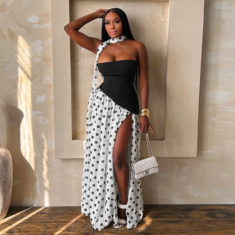 white and black polka dot maxi dress Petal and Pup Women's Naira Pleated Maxi Dress main image 0