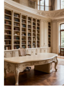 Bureau de direction d'angle en bois massif de style français, avec finition mate sculptée et double armoire, personnalisable