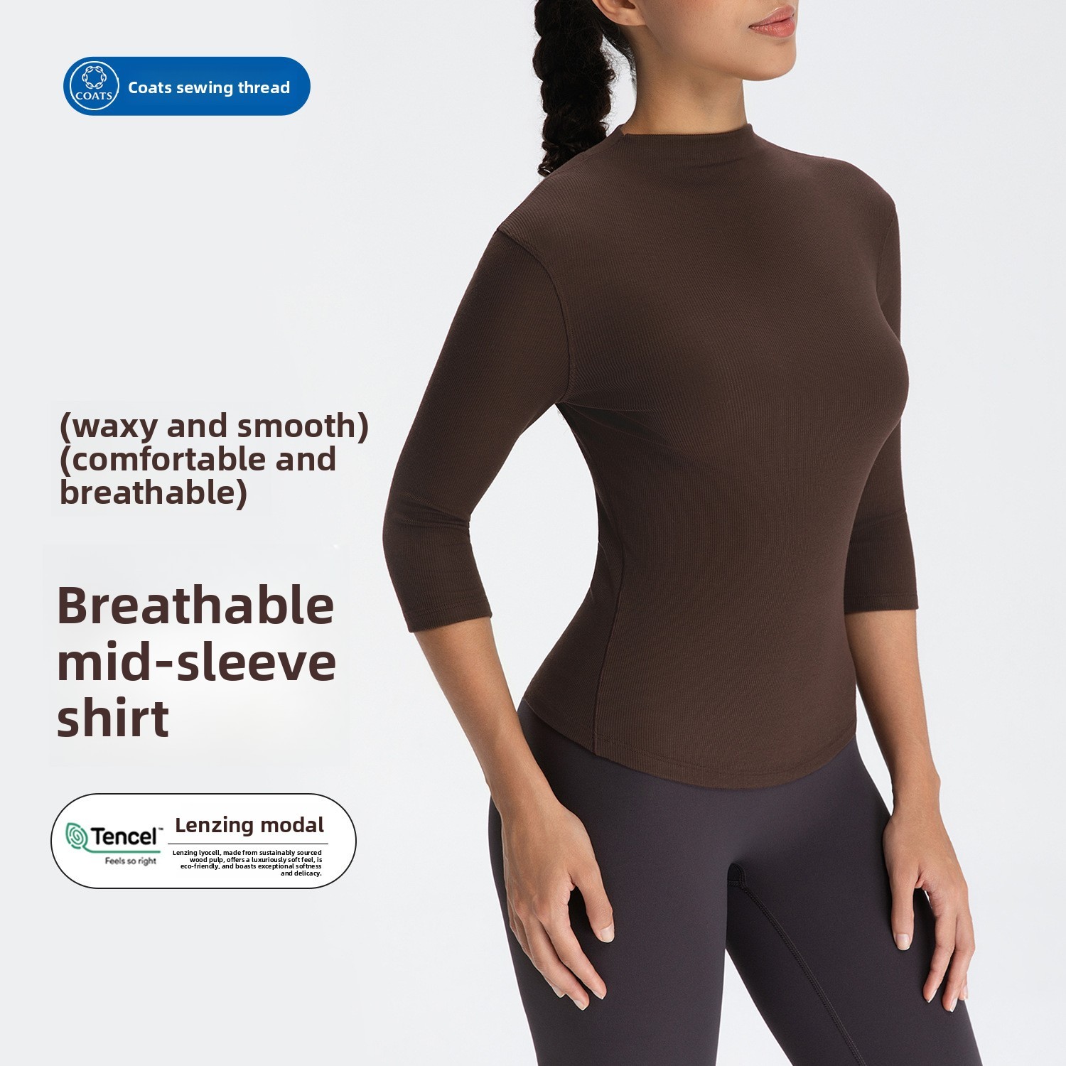Women's Modal Ribbed Mock Neck Yoga Top, 3/4 Sleeve Slim Fit Soft Stretch Workout Athletic Shirt