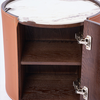 Mesa de Centro Redonda Moderna con Tapa de Mármol y Base de Acero Inoxidable Recubierta de Cuero, Mueble de Lujo para Sala de Estar con Almacenamiento