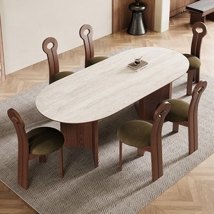 Ensemble table et chaises ovales en travertin, 6 pièces, meubles de salle à manger en bois de noyer massif, structure durable en cadre rigide - Product Image 1