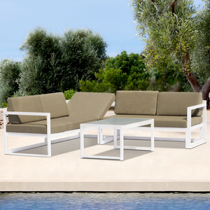 Moderno bianco a forma <span class=keywords><strong>di</strong></span> L giardino angolo angolo divano mobili da esterno Patio in alluminio divano componibile per esterno - Product Image 1