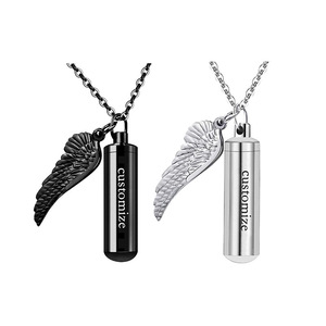 Collier souvenir avec pendentif en acier inoxydable, bijoux avec ailes d'ange avec cylindre, pour cendres, cadeaux commémoratifs - Product Image 1