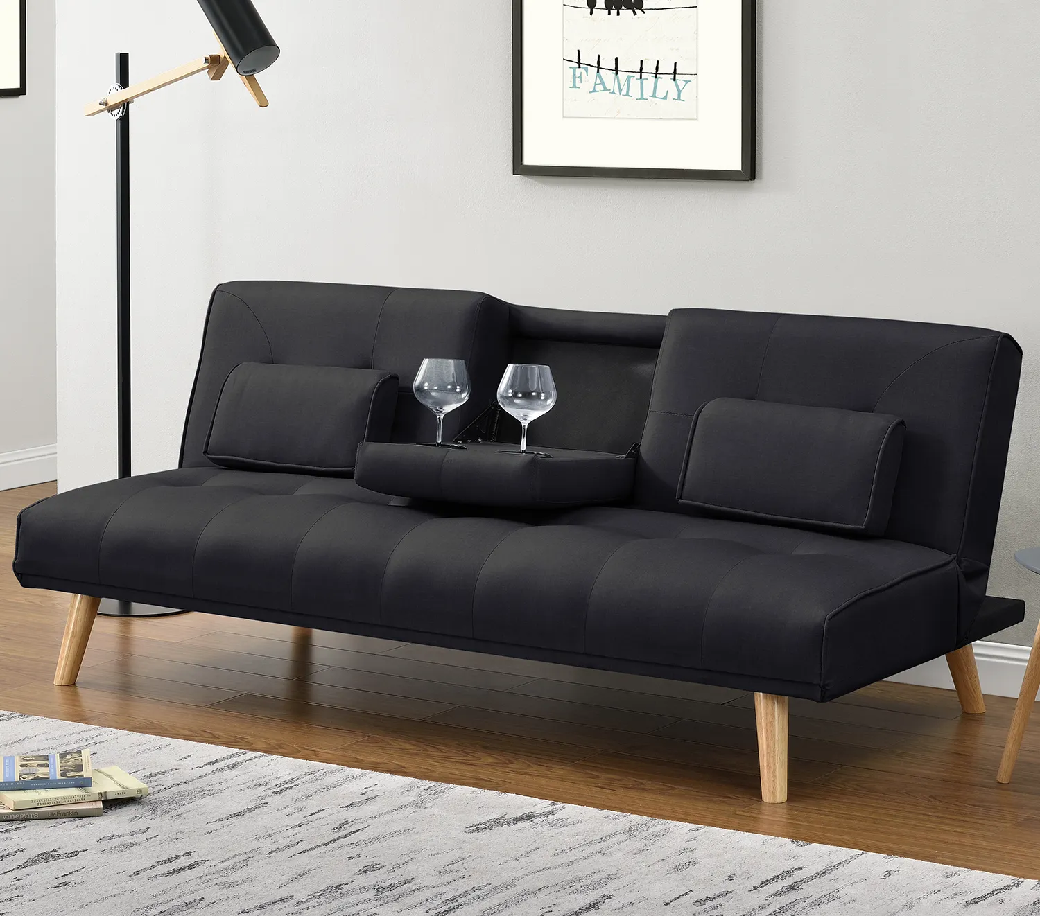 Cheap leather sofa bed with coffee table and cup holder