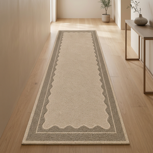 Luxury Handmade Modern Scalloped Border Wool Cut Pile Stain Resistant <b>Runner</b> <b>Rug</b> Latex Backing Neutral <b>Hallway</b> Carpet Custom - Product Image 1