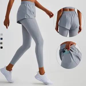 Mallas de entrenamiento de dos capas para mujer, pantalones cortos de secado rápido con bolsillos laterales para teléfono, 2 en 1, 2023