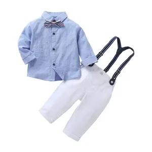 Ragazzi Gentleman Clothes Set Toddler Wedding Formal Suit Bowtie Shirt 2pcs Birthday Wedding Party Outfit Set pantaloni con bretelle blu
