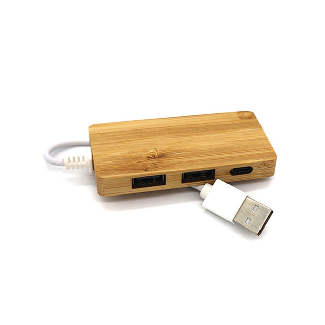 New Design USB 2.0 Natural Bamboo USB C 3 Port Hub with 2 USB Ports