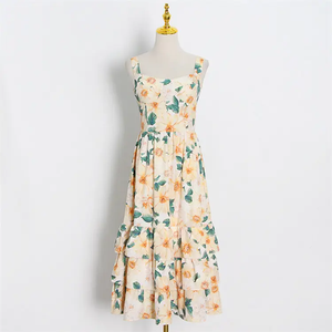 Vestido largo fruncido con estampado de flores para mujer personalizado, informal, cuello cuadrado, vacaciones, playa, Midi, vestidos florales de verano para mujer - Product Image 3