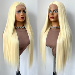 Wig sintetis Premium Futura Fibra Wholesale HD 13*4 Lace Front Free Part 320g Blonde Long Straight Natural Matte tahan panas - Product Image 1