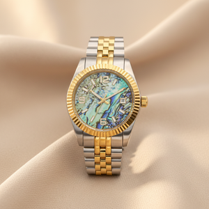 Orologio Bicolore Oro e Argento con Quadrante in Madreperla, Lunetta Scanalata, Bracciale Stile Jubilee e Display Data, Orologio Automatico - Product Image 1