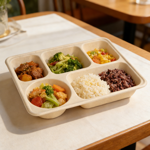 Assiette jetable biodégradable à 5 compartiments en pulpe de bagasse de canne à sucre pour plats à emporter, <span class=keywords><strong>plateau</strong></span> de déjeuner rapide en papier pour fêtes - Product Image 1