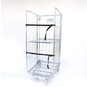 Warehouse Wire Mesh Push Steel Foldable Roll Trolley For Logistic Transportation