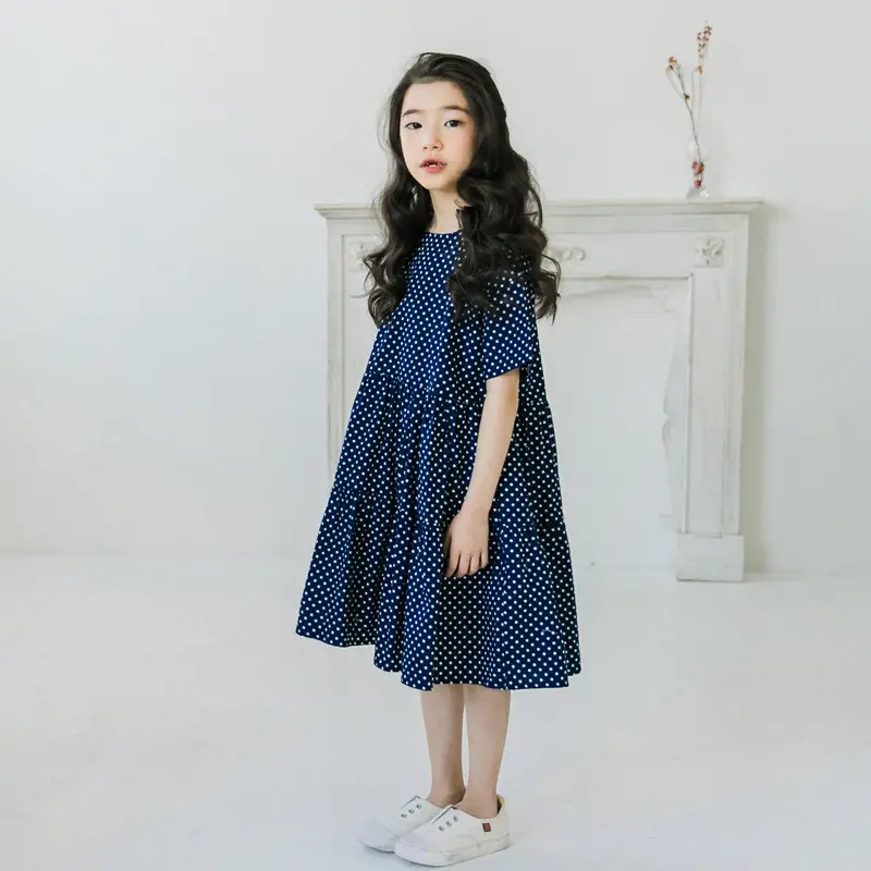 Gaun Lengan Pendek Anak Perempuan, Gaun Dot Vintage Katun Musim Panas untuk Anak Perempuan 2021