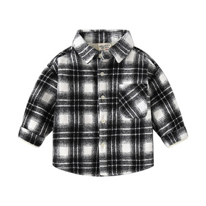 Automne hiver tricoté <span class=keywords><strong>chemise</strong></span> doublée polaire pour garçons enfant en bas âge col rabattu décontracté Plaid couleur unie bouton de poche enfants - Product Image 2