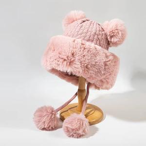 겨울 인조 모피 곰 귀 따뜻한 플러시 모자 폼폼 장식 스키 라이딩 두꺼운 귀마개 비니 모자 - Product Image 4