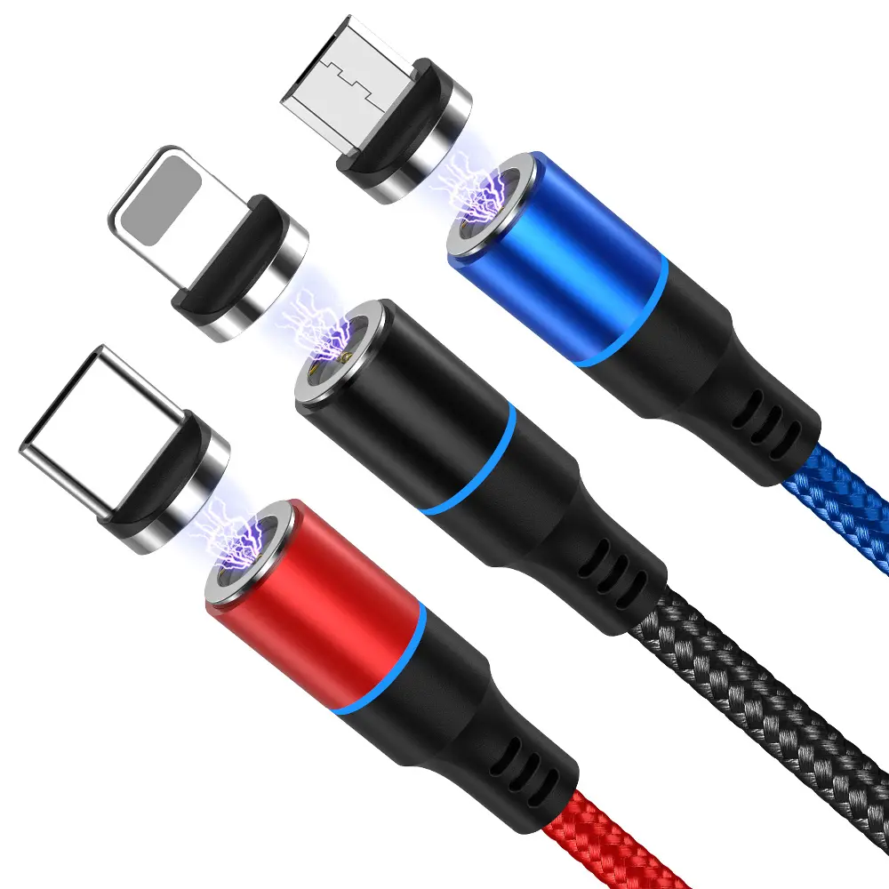 Amazon carregador rápido 3 em 1 usb, venda quente, cabo de carregamento 360 graus 5a com led magnético 540