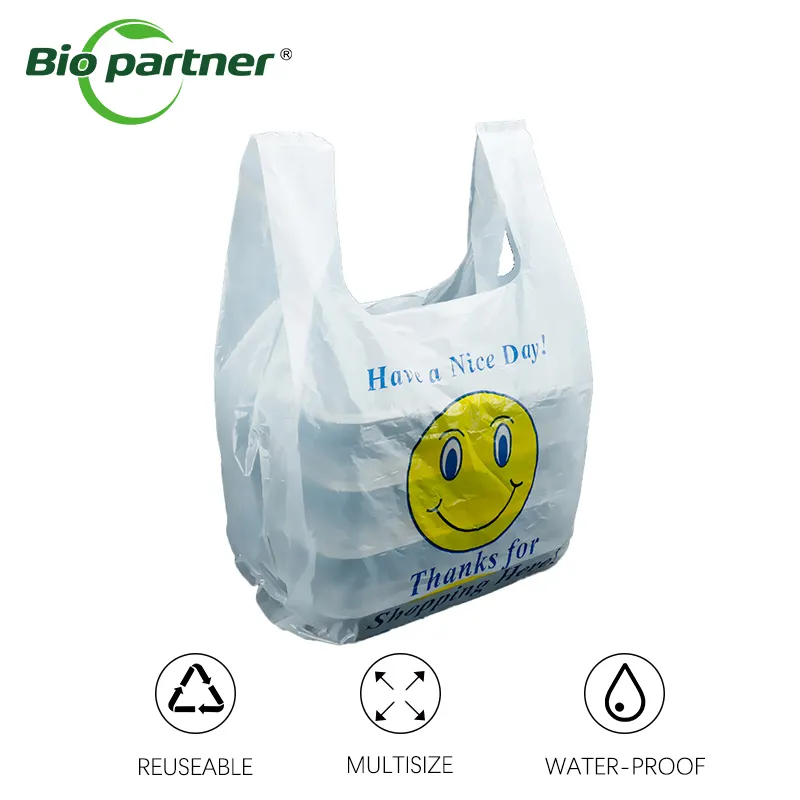 1/8 Small Size White Happy Face Grocery Packaging Plastic Smile Face Printed Bag Supermarket Portable Vest Bag