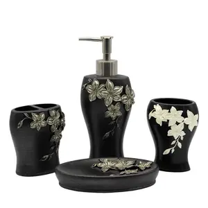 BX 优雅的黑色树脂浴室配件 4 件套与金色油漆花卉设计