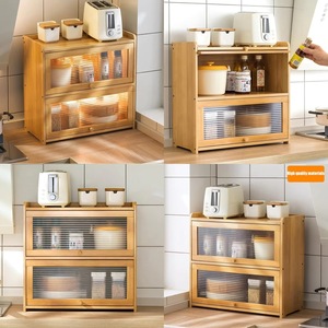 Multifunctional countertop storage box with transparent acrylic sliding <b>door</b>, 2-layer bamboo kitchen storage cabinet - Product Image 5