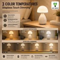 Lampe de table en verre rechargeable en forme de champignon, base en céramique, USB-C, 3 températures de couleur, tactile, à intensité variable, sans fil, pour la maison et l'hôtel