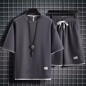 Conjunto de 2 Piezas para Hombre, Verano, Sólido, Transpirable, Informal, Camiseta y Pantalones Cortos, Talla Grande, Ropa Urbana Diaria - Product Image 1