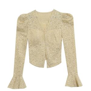 Retro cuello en V manga elástico encaje lentejuelas brillante Chic Puff manga encaje hermosa espalda moda camisa - Product Image 5