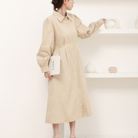 Robe longue élégante pour femme à manches longues boutonnée, col chemise, manches bouffantes, coupe trapèze ample, idéale pour le bureau en automne