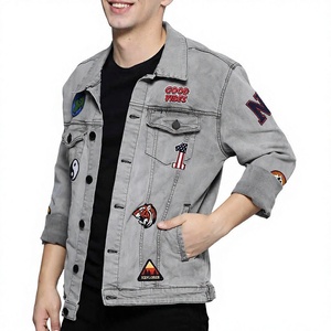 Chaqueta de Mezclilla Gris para Hombre con Diseño de Parches, Cuello Camisero, Estilo Casual, Cierre de Botón Sencillo, Chaqueta de Algodón - Product Image 1