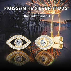 Pendientes de Plata de Ley 925 con Baño de Oro y Rodio, Diseño de Ojo de la Sabiduría, con Moissanita de 3mm, Certificados por Terceros, en Oferta - Product Image 2