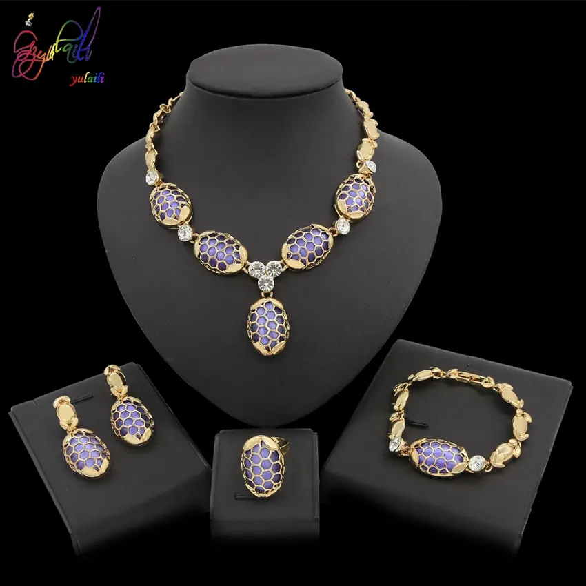 2019 Wholesale Fashion Jewelry Set Costume Jewelries Gold Plated Necklace Purple Stones Party Meeting Jeweller Set For Women