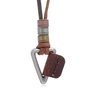 Hot Selling Brown Simple Trendy Men's Leather Necklace Personality Antique Hip-hop Pendant Leather Rope Men's Necklace