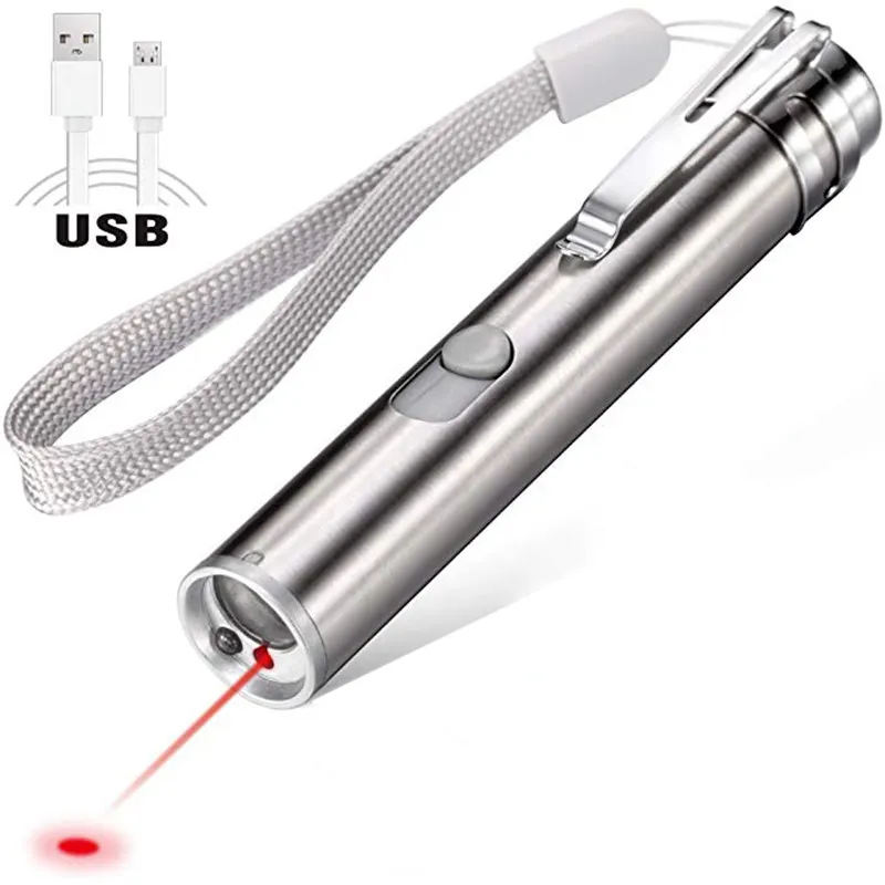 Multi機能Stainless Steel Cat Toy Red Laser Pointer Portable Rechargeable 3で1 LED Laser Pen Light With USB Cable