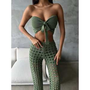 ชุดเสื้อสเวตเตอร์ถัก Cagla เสื้อเกาะอกสำหรับผู้หญิง กางเกงเอวสูง ชุดเข้าชุดสีเขียวมีซับใน ทรงมาตรฐาน - Product Image 1