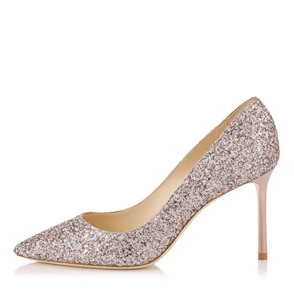 Pointed Toes Glitter Wedding Thick Heel Flat Women's Dress Shoes Pumps