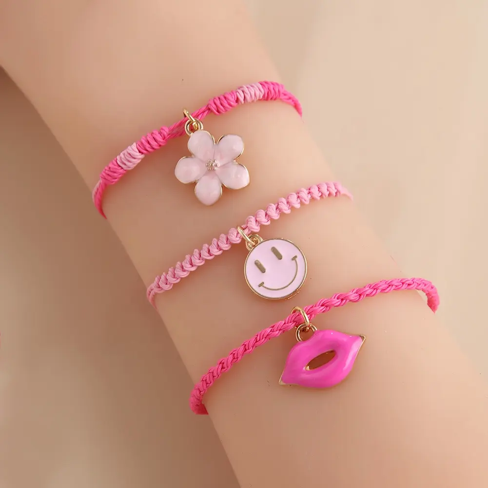 Cute Girl Pink Woven bracelet Cartoon love Butterfly lips zinc alloy charms girl Bracelet Girl jewelry gift