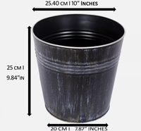 Pot de fleurs cylindrique en métal galvanisé noir vieilli et blanchi, avec doubles bandes côtelées, style rustique vintage