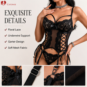 Ensemble de lingerie noire en dentelle pour femme, comprenant un haut bustier, une culotte et des jarretelles à lacets latéraux, en maille transparente, trois pièces, sous-vêtements intimes - Product Image 2