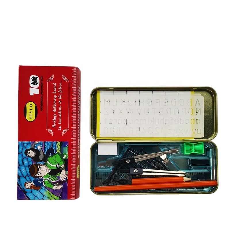 Kit De Géométrie 7 Pièces En Métal - Rapporteur, Compas, Règles, Équerres - Fournitures Scolaires Et Professionnelles Avec Boîte