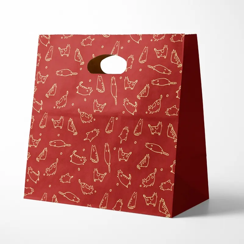 Holiday party favor goody gift wrapping bags red fashion printing christmas paper gift treat bag with die cut handle