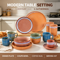 Service de table en grès réactif avec bordure émaillée, couleurs terre multiples, assiettes, bols et tasses en céramique résistantes aux éclats pour café, hôtel, vente en gros