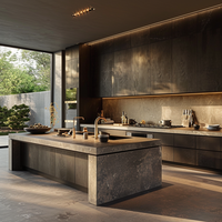 Ensemble de meubles de cuisine modulaires en pierre noire moderne avec îlot cascade, design sans poignées, éclairage LED chaud, prêt pour la salle à manger, garantie 5 ans