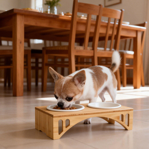 Bamboo <b>Table</b> <b>Dog</b> Food Bowl Set Double Melamine Bowl Portable Raised Feeding Stand for Small Pets - Product Image 1
