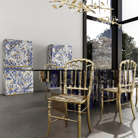 Meuble Bar Avant-Garde 1088 Triangles Laqué Bleu avec Accents Feuille d'Or, Meuble de Rangement pour la Maison avec Tiroir
