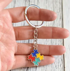 Promotion Zinc Alloy Forever Always soft enamel Puzzle Autism Awareness Pendant KeyChain keyrings,heart shape jigsaw key holder