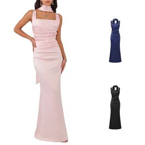 Women's <b>Satin</b> <b>Halter</b> Gown-Ruched Tie-Waist Formal Maxi Dress with a Scarf for Fashion - Product Image 1